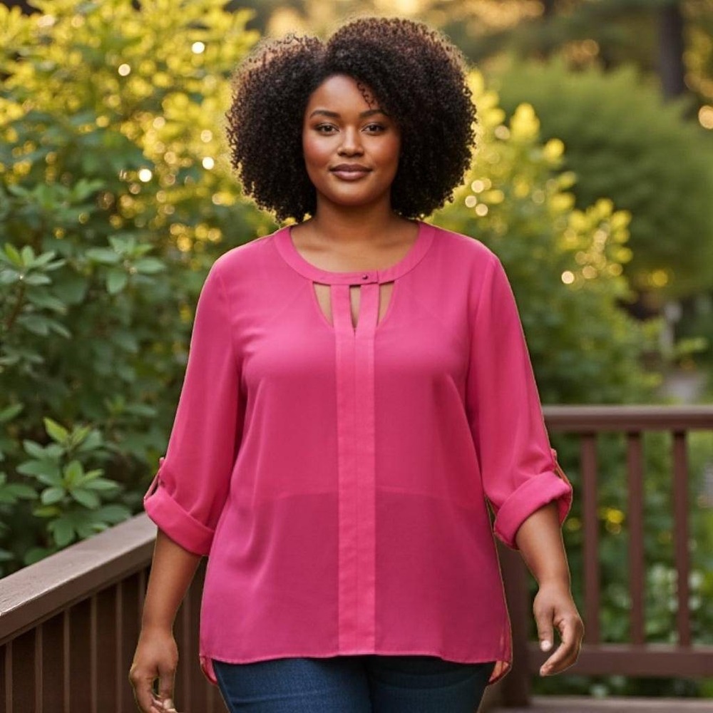 Modamix Fuchsia Sheer Blouse 2X‎ Roll Tab Sleeves Snap Neck NWT Plus Size